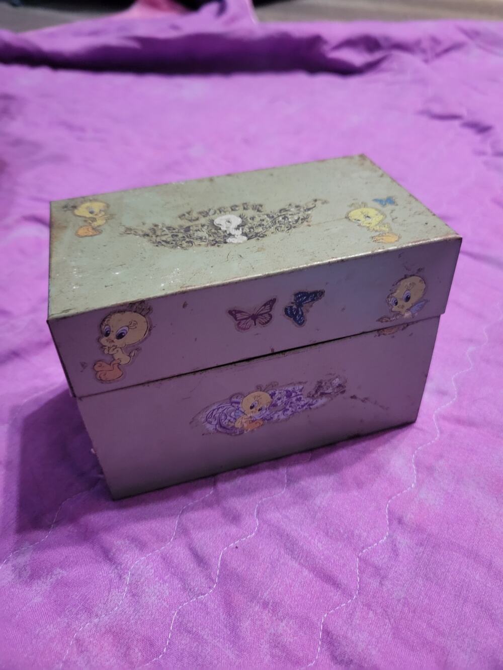 Vintage Metal Green Recipe Box W Tweety Bird Stickers